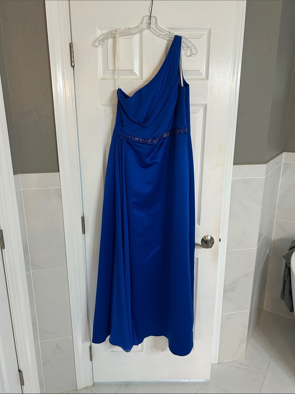 David's Bridal One-Shoulder Cobalt Blue Gown